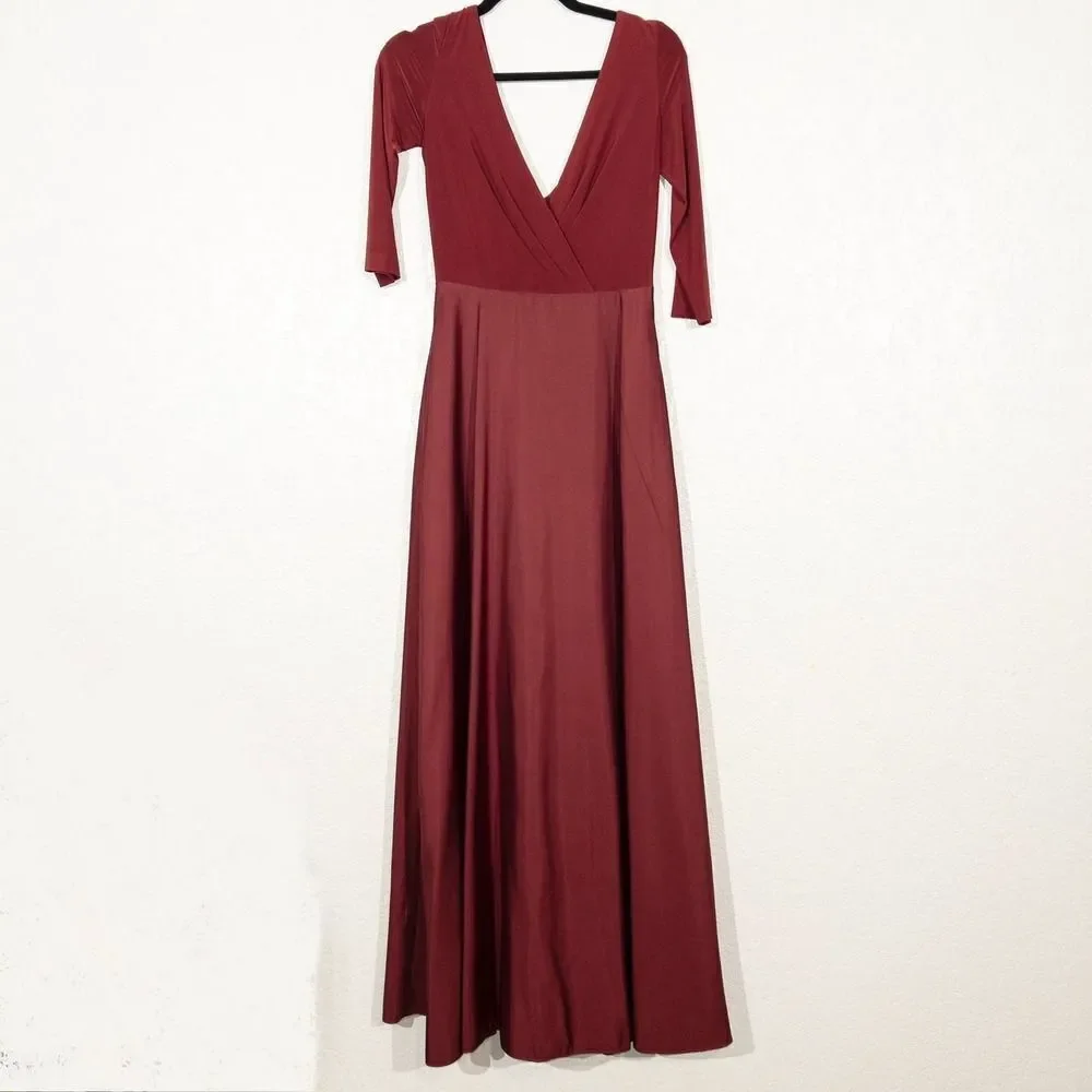 New Alfred‎ Sung Burgundy Mikado 3/4 Sleeve V Neck Gown Size 2 - Picture 2 of 9